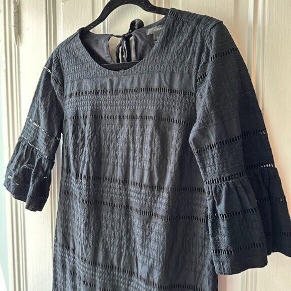J Crew Shift Dress Womens 2 Black Bell Sleeve Cotton Lined Boho Tie Back - Picture 2 of 10